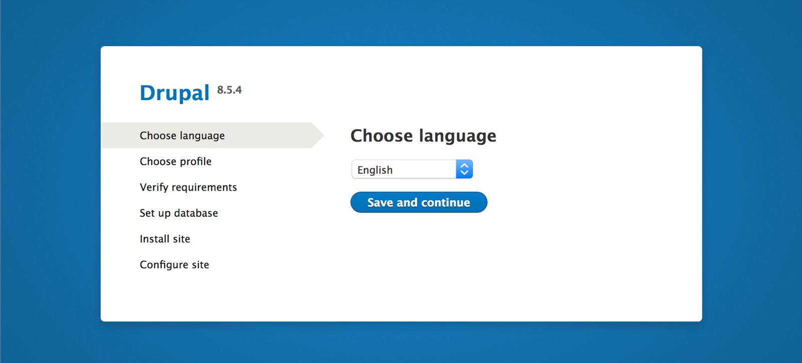 Drupal setup screen in the web browser - ‘Choose language’ page