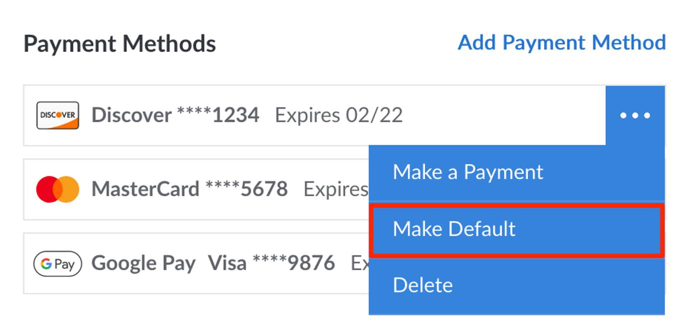The Make Default button within a payment method’s dropdown menu